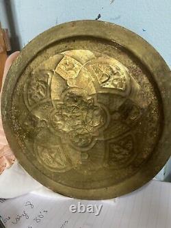 Antique Cairoware Arabic Mamluk Brass Silver Copper Inlay Tray Plate