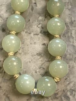 Antique Chinese Celadon Necklace Jadeite Hand Knotted Silver Plated Clasp