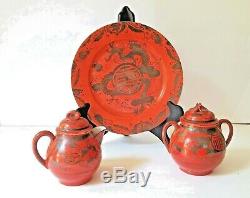 Antique Chinese Dragon Plate/Creamer/Sugar Set Coral Red Silver Porcelain RARE