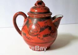 Antique Chinese Dragon Plate/Creamer/Sugar Set Coral Red Silver Porcelain RARE