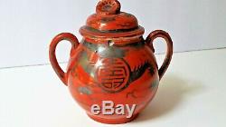 Antique Chinese Dragon Plate/Creamer/Sugar Set Coral Red Silver Porcelain RARE