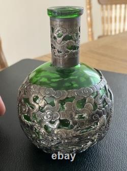 Antique Chinese Export Silver Plated Dragon Green Glass Flask Decanter V. T Mark