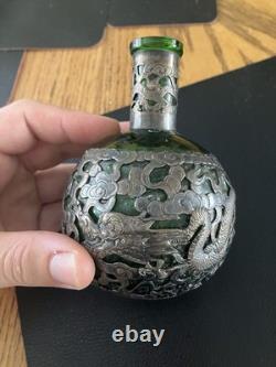 Antique Chinese Export Silver Plated Dragon Green Glass Flask Decanter V. T Mark