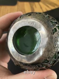 Antique Chinese Export Silver Plated Dragon Green Glass Flask Decanter V. T Mark