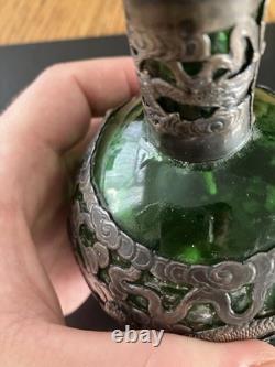 Antique Chinese Export Silver Plated Dragon Green Glass Flask Decanter V. T Mark
