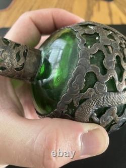 Antique Chinese Export Silver Plated Dragon Green Glass Flask Decanter V. T Mark