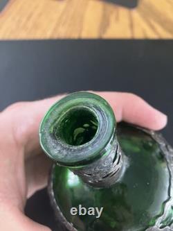 Antique Chinese Export Silver Plated Dragon Green Glass Flask Decanter V. T Mark