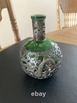 Antique Chinese Export Silver Plated Dragon Green Glass Flask Decanter V. T Mark