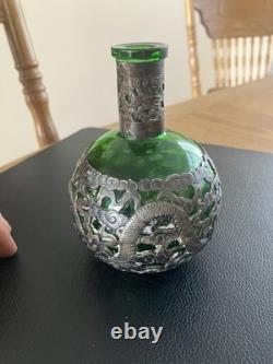 Antique Chinese Export Silver Plated Dragon Green Glass Flask Decanter V. T Mark