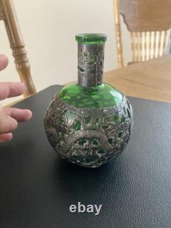Antique Chinese Export Silver Plated Dragon Green Glass Flask Decanter V. T Mark