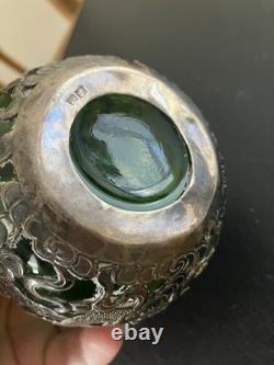 Antique Chinese Export Silver Plated Dragon Green Glass Flask Decanter V. T Mark
