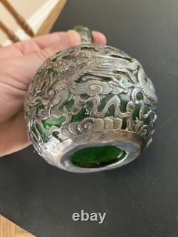 Antique Chinese Export Silver Plated Dragon Green Glass Flask Decanter V. T Mark