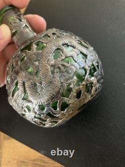 Antique Chinese Export Silver Plated Dragon Green Glass Flask Decanter V. T Mark
