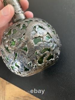 Antique Chinese Export Silver Plated Dragon Green Glass Flask Decanter V. T Mark