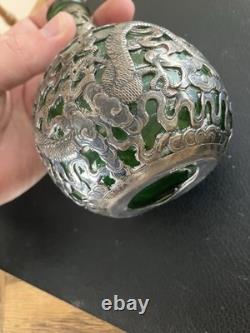 Antique Chinese Export Silver Plated Dragon Green Glass Flask Decanter V. T Mark