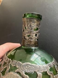 Antique Chinese Export Silver Plated Dragon Green Glass Flask Decanter V. T Mark