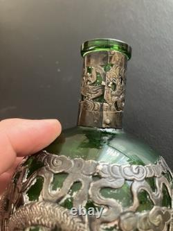Antique Chinese Export Silver Plated Dragon Green Glass Flask Decanter V. T Mark