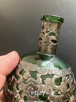 Antique Chinese Export Silver Plated Dragon Green Glass Flask Decanter V. T Mark
