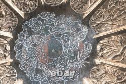 Antique Chinese Export Silver Tray Dragon Immortal Qing Dynasty 19th Century