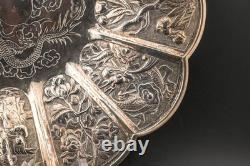 Antique Chinese Export Silver Tray Dragon Immortal Qing Dynasty 19th Century