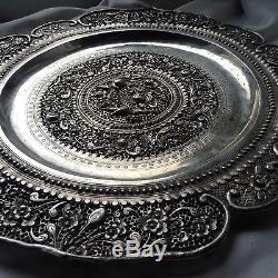 Antique Chinese Hammered Silver Plate Tray Bird Flower Tree Art Stamped Handmade