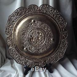 Antique Chinese Hammered Silver Plate Tray Bird Flower Tree Art Stamped Handmade