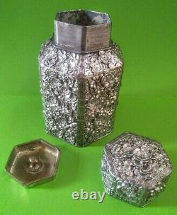 Antique Chinese Japanese Hexagonal Silver Plated Tea Caddy Ginger Jar