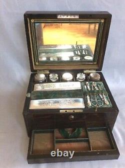 Antique Coromandel Vanity & Jewellery Case Brass Strung, Silver & Plate Interior