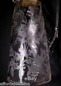 Antique Cut Engraved Floral Early Glass Pitcher Silver Plate Gorgeous
