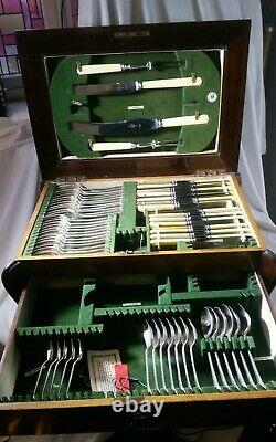 Antique Cutlery Canteen. 2 tier Mahogany Box. Viners & other. 73 pieces & key