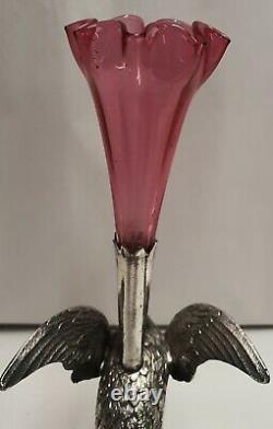 Antique Daniel & Arter Silver Plate EPBM Bird Cranberry Glass Epergne c1882-1930