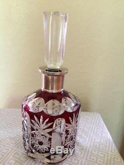 Antique Decanterbohemian Ruby Crystal Cut To Clear With Silver Plated Spout