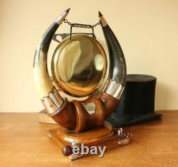 Antique Dinner Gong. English Oak, Cattle Horn, Silver Plate & Brass Table Top