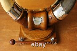 Antique Dinner Gong. English Oak, Cattle Horn, Silver Plate & Brass Table Top