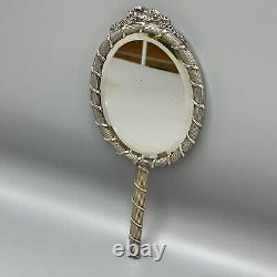 Antique Edwardian Silver Plated Reed & Ribbon Hand Mirror Bow Crest Ribbed c1900