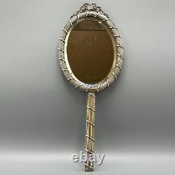 Antique Edwardian Silver Plated Reed & Ribbon Hand Mirror Bow Crest Ribbed c1900