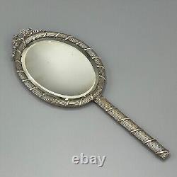 Antique Edwardian Silver Plated Reed & Ribbon Hand Mirror Bow Crest Ribbed c1900