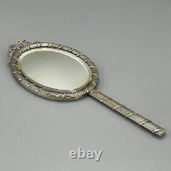 Antique Edwardian Silver Plated Reed & Ribbon Hand Mirror Bow Crest Ribbed c1900