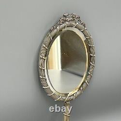 Antique Edwardian Silver Plated Reed & Ribbon Hand Mirror Bow Crest Ribbed c1900