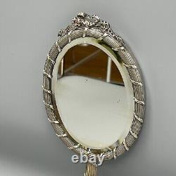 Antique Edwardian Silver Plated Reed & Ribbon Hand Mirror Bow Crest Ribbed c1900