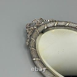 Antique Edwardian Silver Plated Reed & Ribbon Hand Mirror Bow Crest Ribbed c1900