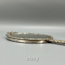 Antique Edwardian Silver Plated Reed & Ribbon Hand Mirror Bow Crest Ribbed c1900