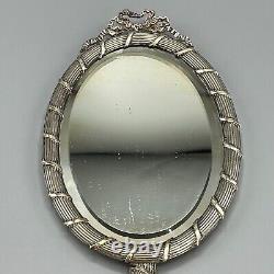 Antique Edwardian Silver Plated Reed & Ribbon Hand Mirror Bow Crest Ribbed c1900