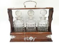 Antique Edwardian Tantalus With 3 Glass Decanter With Silver Plate Mounts