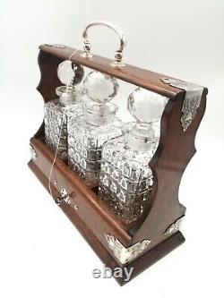 Antique Edwardian Tantalus With 3 Glass Decanter With Silver Plate Mounts