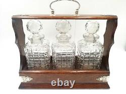 Antique Edwardian Tantalus With 3 Glass Decanter With Silver Plate Mounts