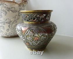 Antique Egyptian Cairoware engraved brass vase, copper and silver plate, Islamic