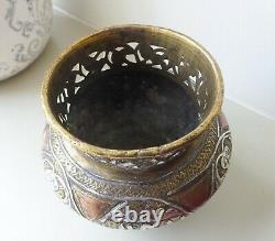 Antique Egyptian Cairoware engraved brass vase, copper and silver plate, Islamic