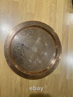 Antique Egyptian Hand Engraved Copper Tray with Silver Inlay Circa 1942 WW2