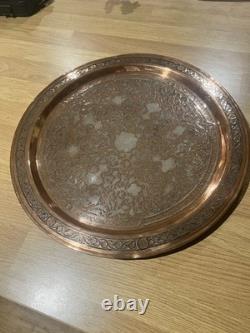 Antique Egyptian Hand Engraved Copper Tray with Silver Inlay Circa 1942 WW2